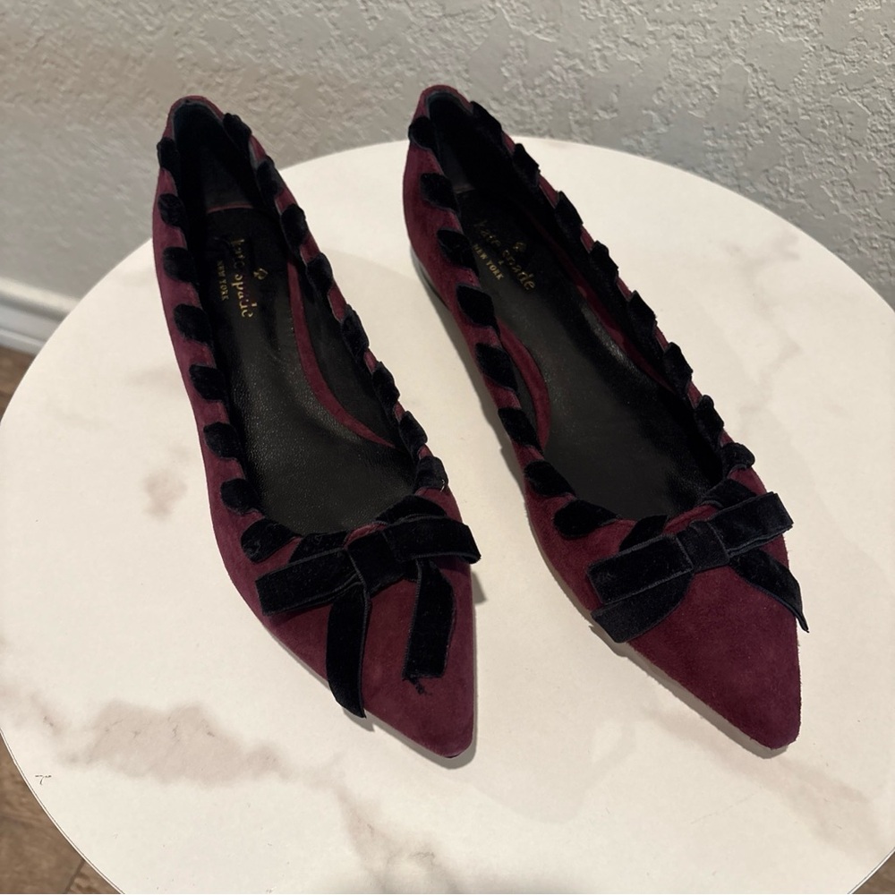 kate spade Burgundy Suede Pointed-Toe Flats with Black Ribbon Trim - Picture 7 of 12
